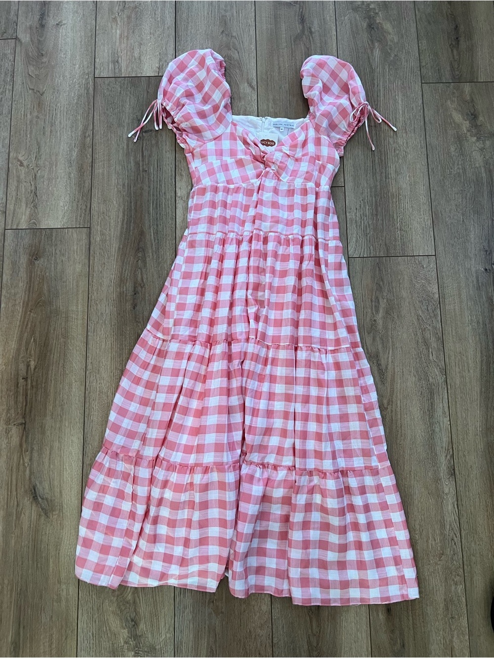 NWT English Factory Pink Gingham Puff-Sleeve Tiered Maxi Dress Size Medium
